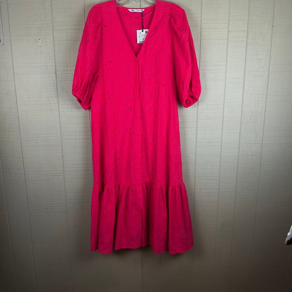 NWT Zara Marta Midi Dress Broderie Eyelet Bright Pink